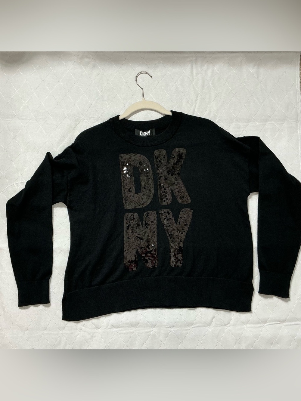 DKNY Black Sequin Logo Knit Long Sleeve Sweater Size S